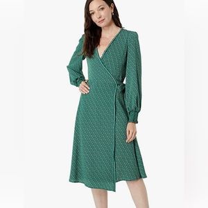 Long sleeve green patterned wrap dress